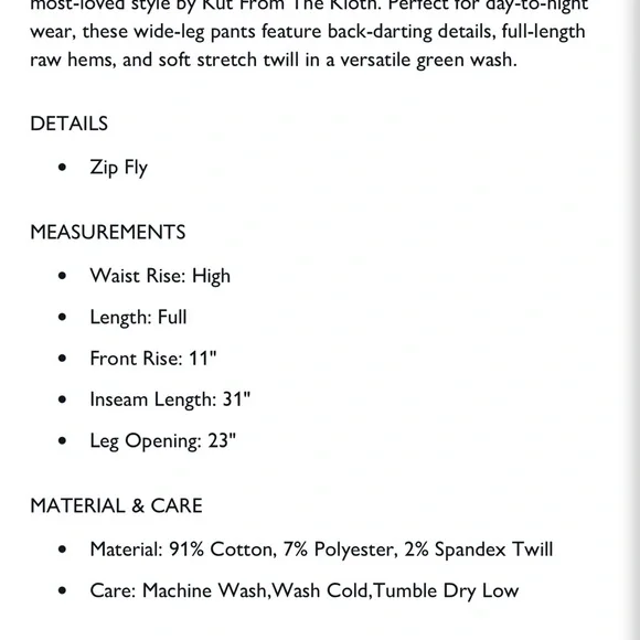 Kut from the Kloth Green Flare Wide Leg Utility Pants, Size 4 - Picture 6 of 6